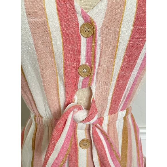 Lush Pink Striped Linen Button Front Tie Cut Out Midi Dress - Picture 3 of 8